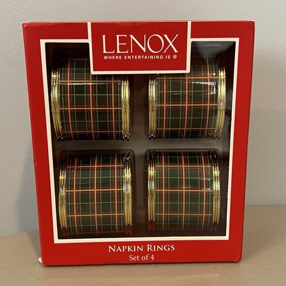 Set of 4 Lenox Nouveau Tartan Plaid Napkin Rings Gold Rim New - Picture 1 of 6